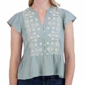 Lucky Brand Sage Green L Embroidered Flutter Sleeve Blouse